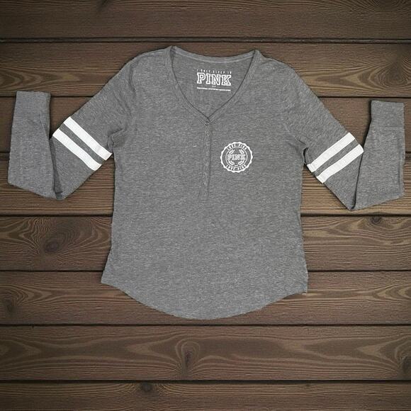 PINK Victoria's Secret Tops - PINK Victoria's Secret Gray V-Neck Long Sleeve Lounge Shirt Striped Sleeves Sz S